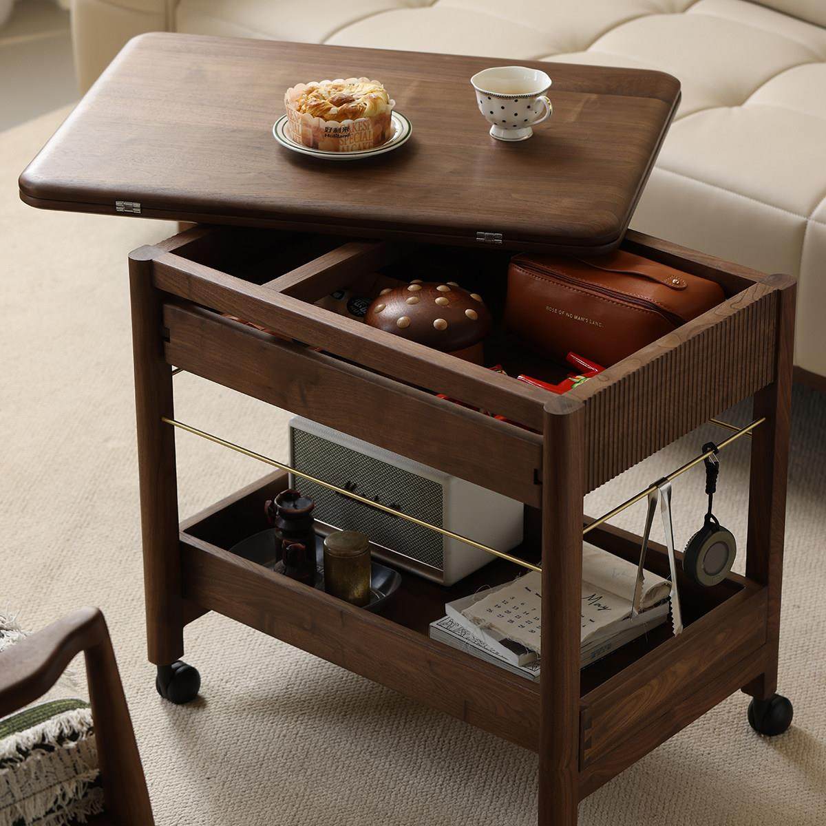 北美黑胡桃木全实木可移动茶几边几推车折叠茶几小桌子客厅小户型