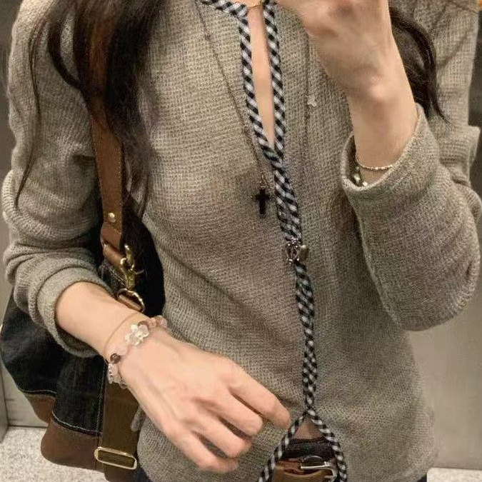 现货LelyMooch 解构主义门襟格早秋新款韩系气质针织衫长袖上衣