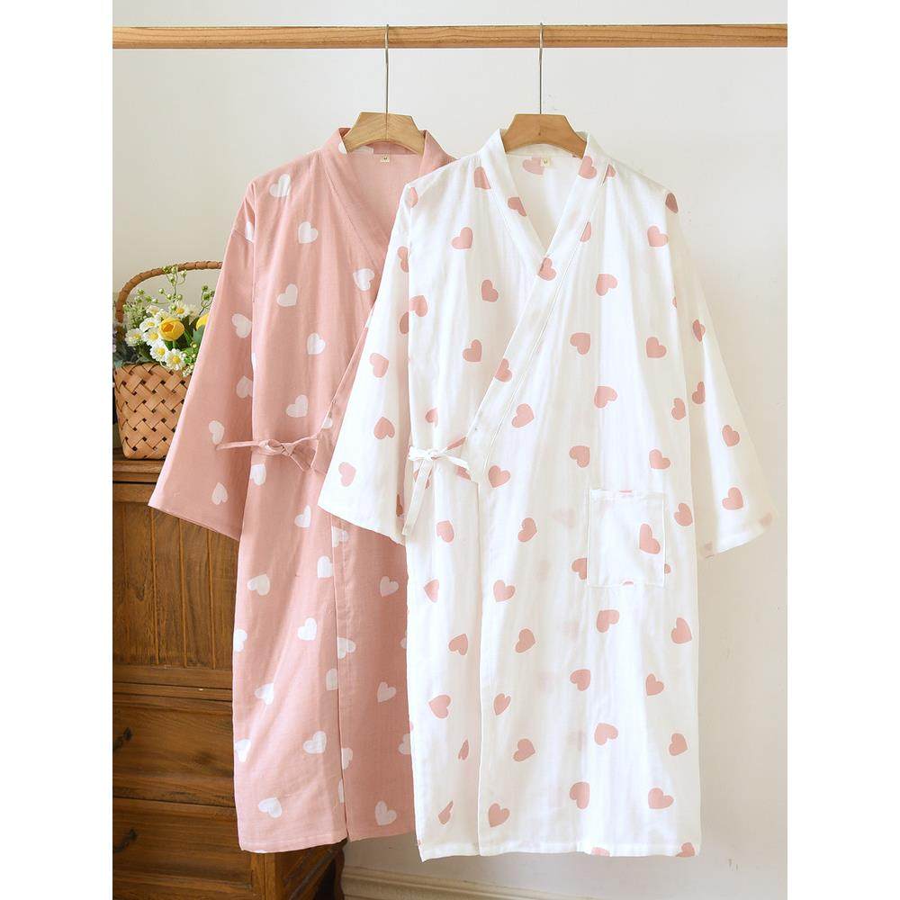 100纯棉纱布睡袍女春秋薄款日式和服睡衣浴袍双层全棉可穿浴巾裙