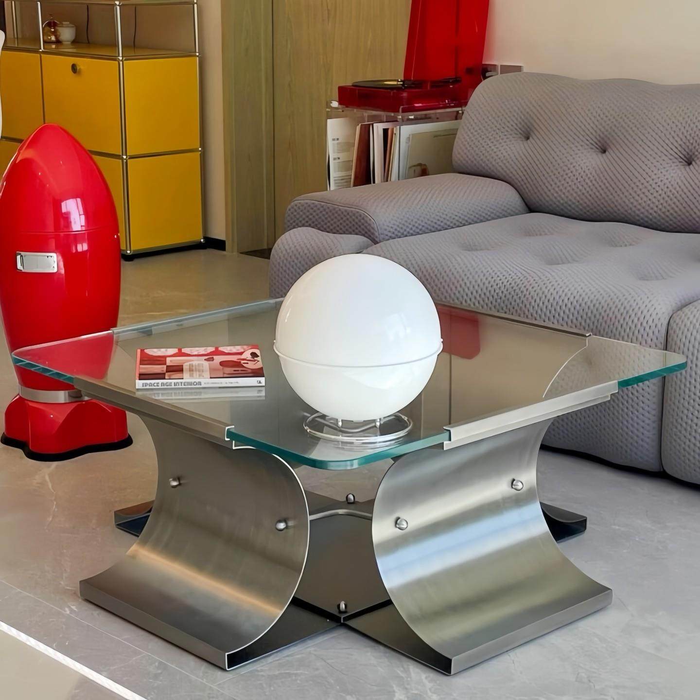 包豪斯茶几不锈钢金属中古方形客厅家用矮桌设计师极简玻璃咖啡桌