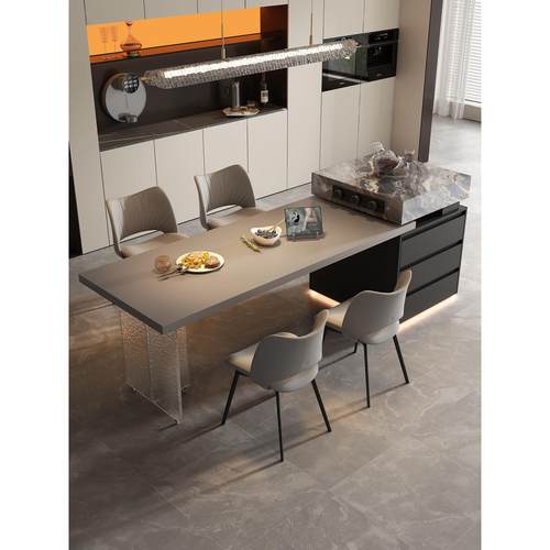 岛台餐桌一体家用开放式厨房轻奢悬浮小户型定制伸缩极简岩板倒台