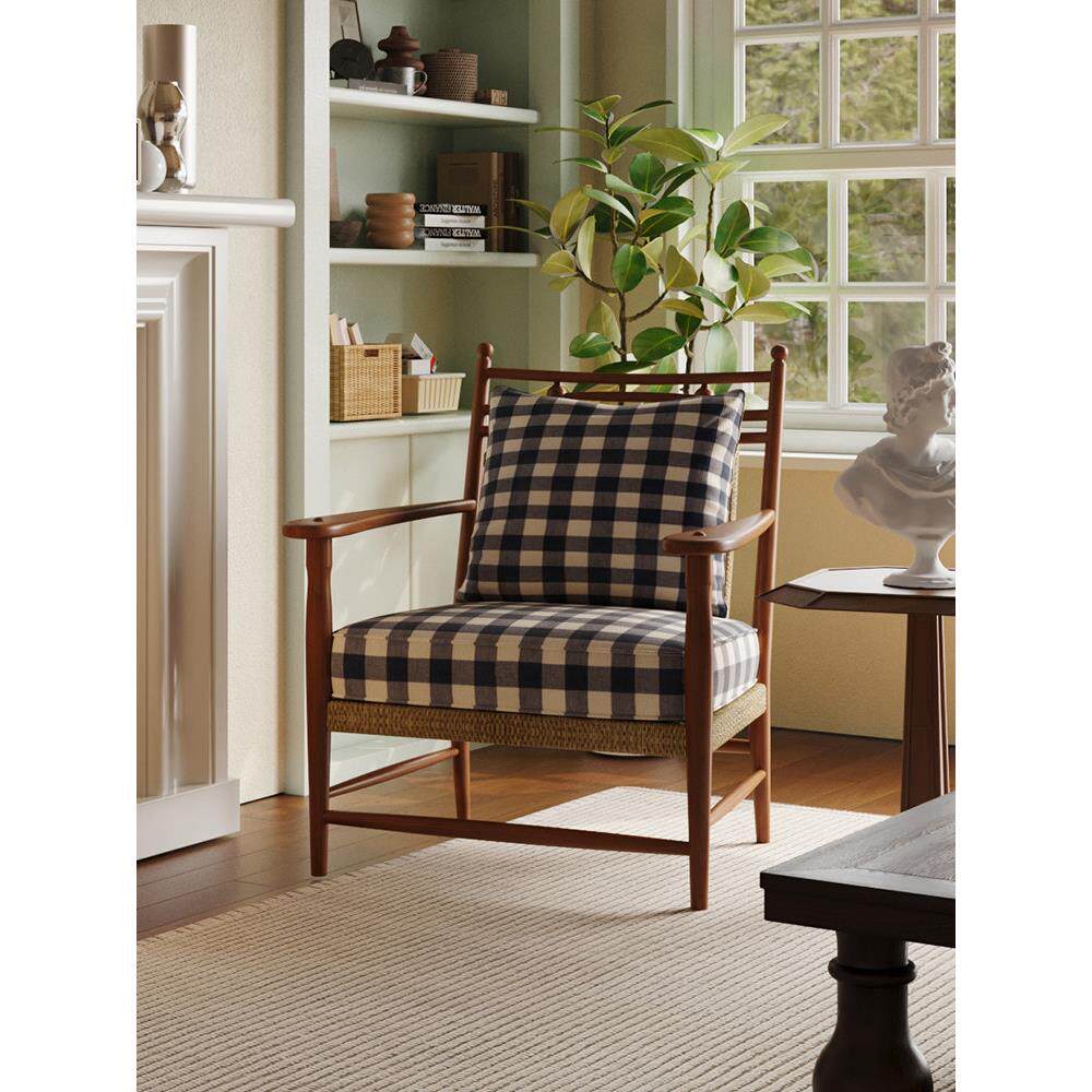 中世纪风格编织藤椅扶手椅实木棉麻单人沙发椅阳台设计师Wabi-Sab