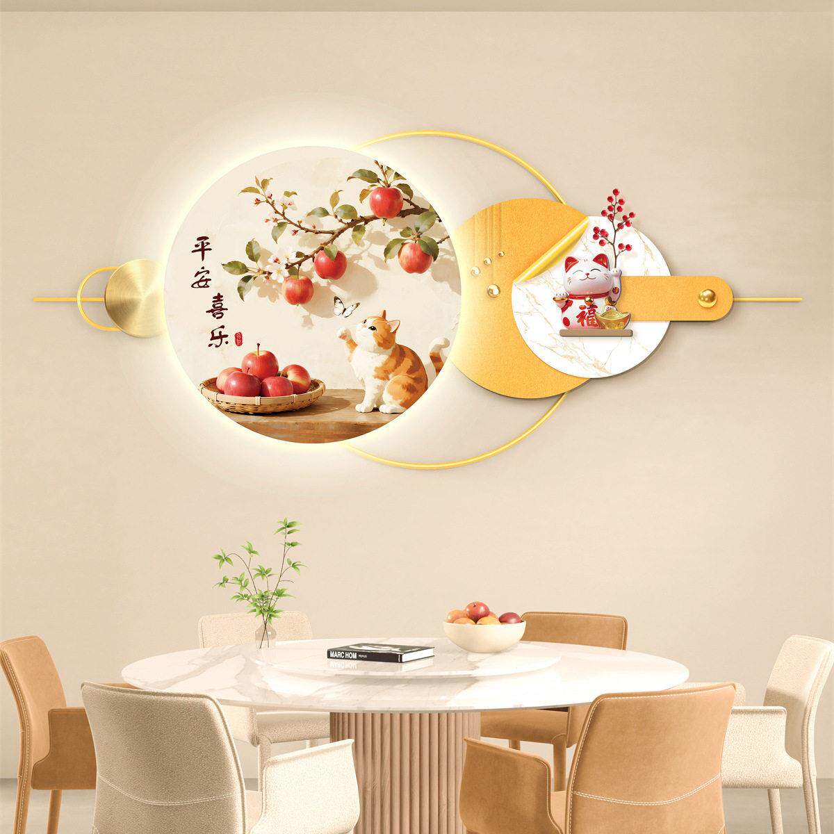 餐厅墙面装饰画高级感饭厅挂画餐桌背景墙带灯2026新款寓意好壁画