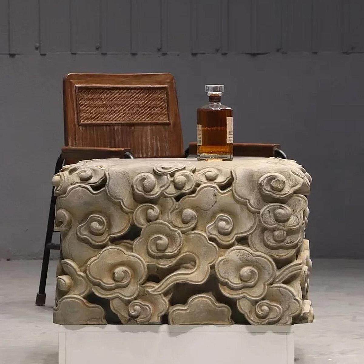 青石吉祥大理石桌，覆古老石墩，庭院室内石桌，云纹石桌，青石云