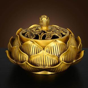 黄铜莲花香炉家用室内檀沉香熏香炉仿古铜香薰炉供佛盘香炉焚香器