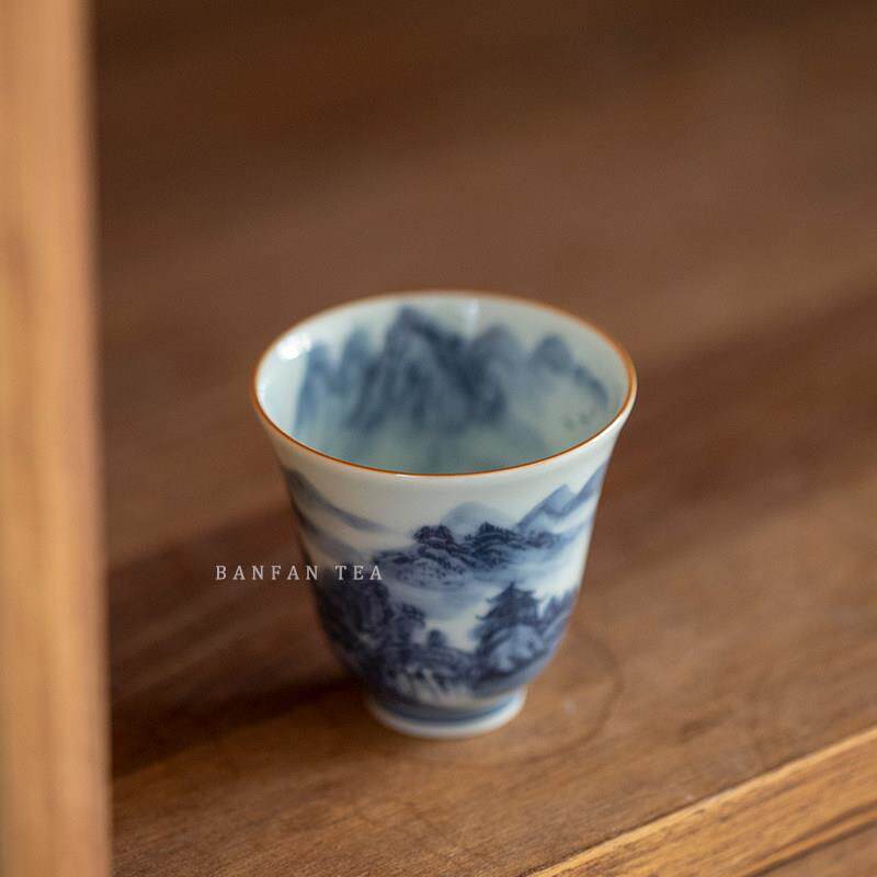 半梵景德镇老泥料青花瓷山水手绘岩茶品茗功夫茶具闻香主人杯茶杯