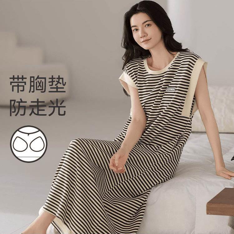 夏季睡衣无袖条纹睡裙自带胸垫2025新款睡裙可外穿女简约家居服M