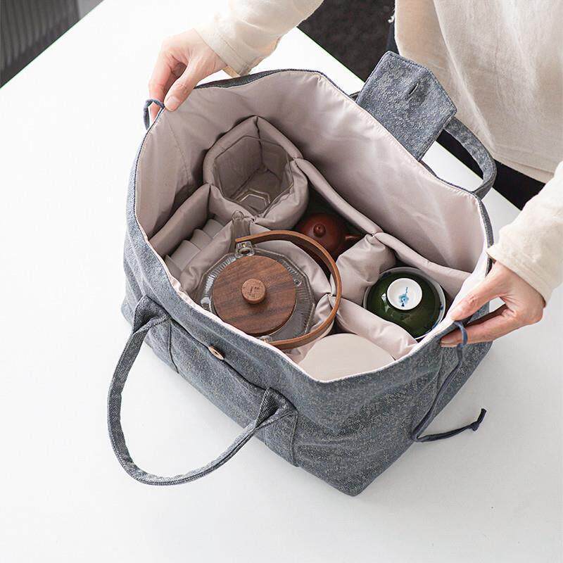 整套旅行茶具收纳包超大号家用户外可携式茶具大容量麻纤维布艺包