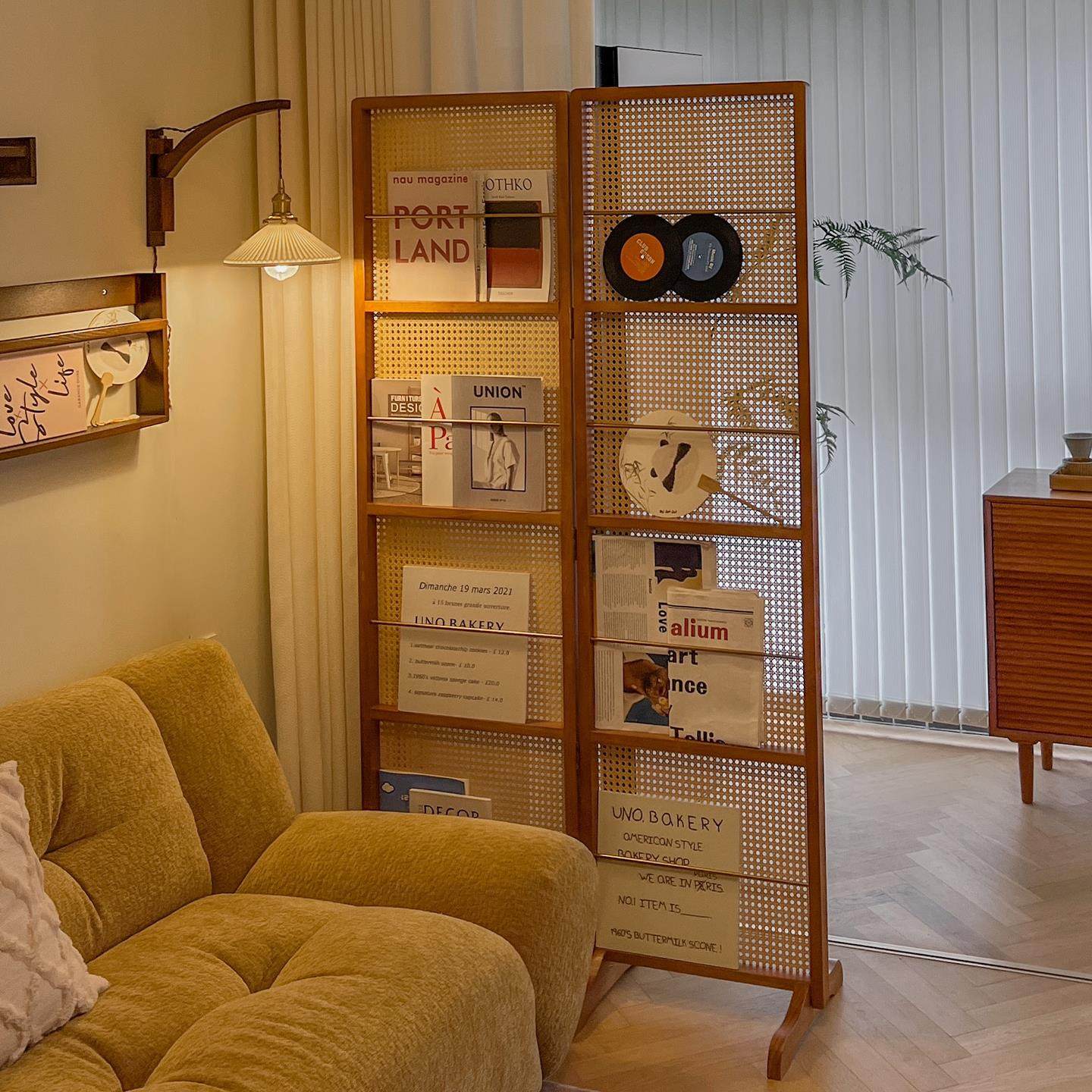 中覆古屏风隔断实木藤编折叠法式客厅玄关入户门转角移动置物书架