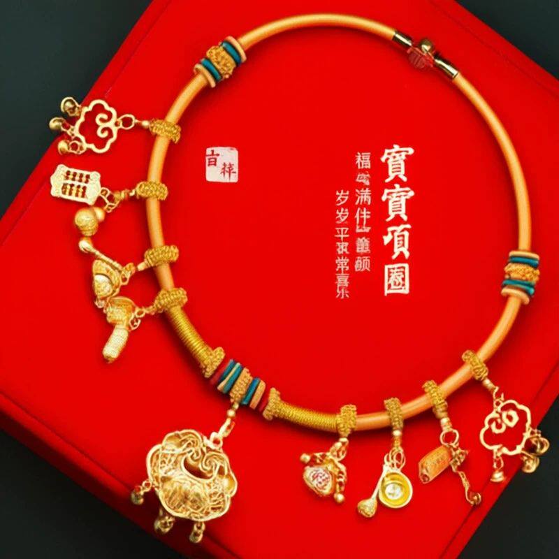宝宝项圈金锁编绳手工编织婴儿满月项链儿童周岁长命锁链条