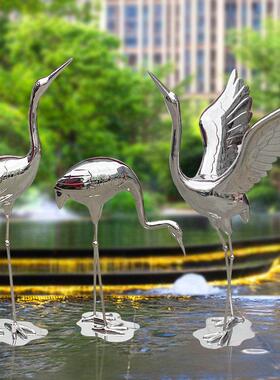 不锈钢镜面鹤雕塑锻铁钢丝剪编织火烈鸟玻璃纤维鹤白鹭装饰品