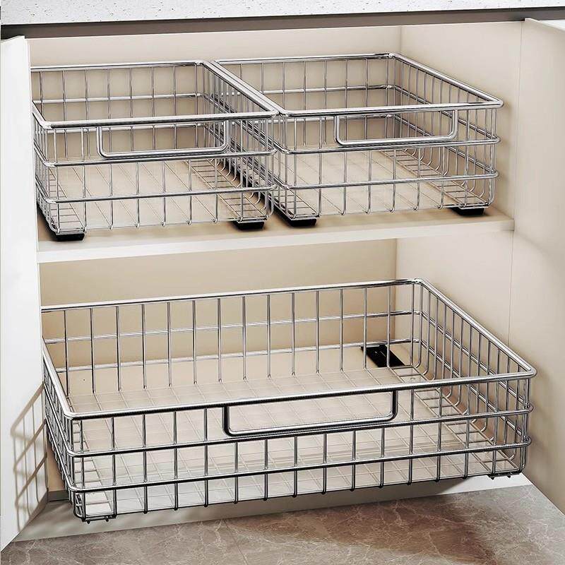 不锈钢厨房下水槽置物架抽拉式整体橱柜内抽屉拉篮果蔬架放锅具收