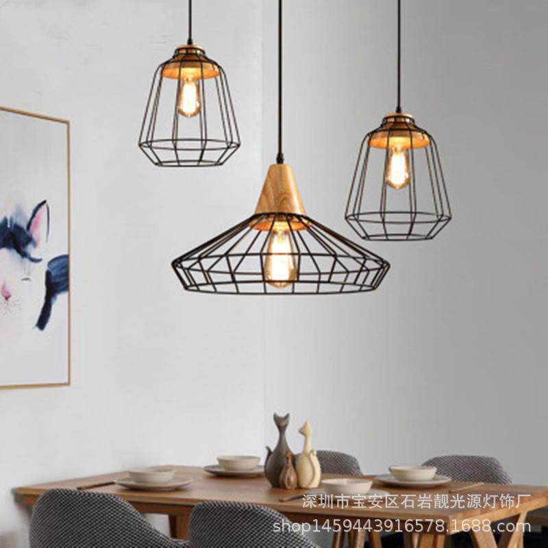 现代简约实木铁架铁艺吊灯鲜花店收银台咖啡厅创意铁丝灯现货