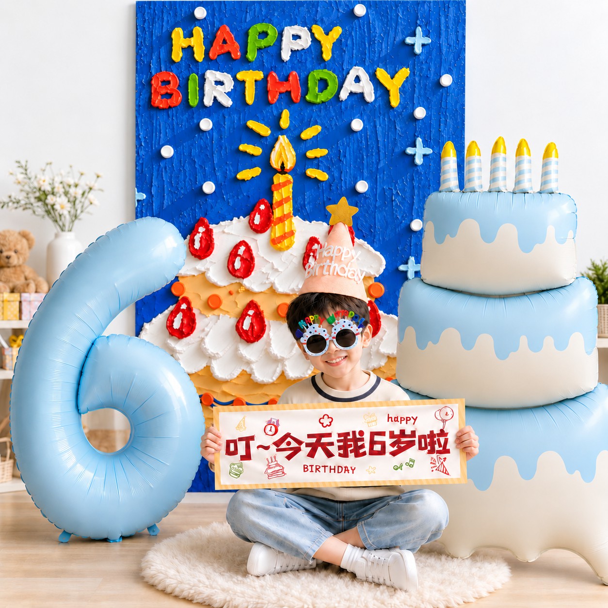 儿童生日气球男孩3岁6岁派对场景布置装饰拍照背景挂布道具套装