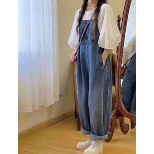 两件套女 微胖mm时髦套装 小个子穿搭夏装 泡泡袖 上衣水洗牛仔背带裤