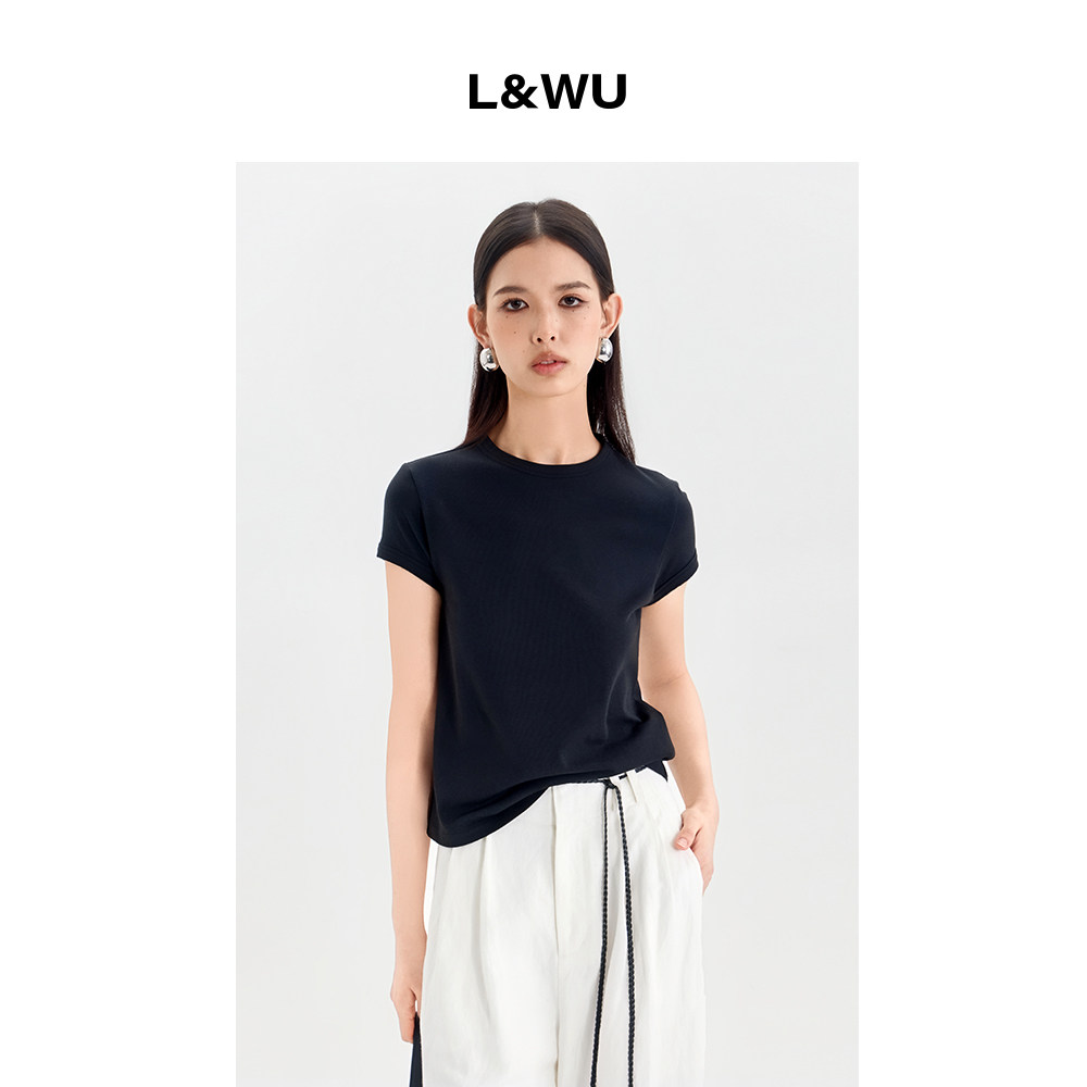 L&WU莫代尔棉修身显瘦正肩圆领短袖气质衣橱b备纯色叠穿弹力T恤女