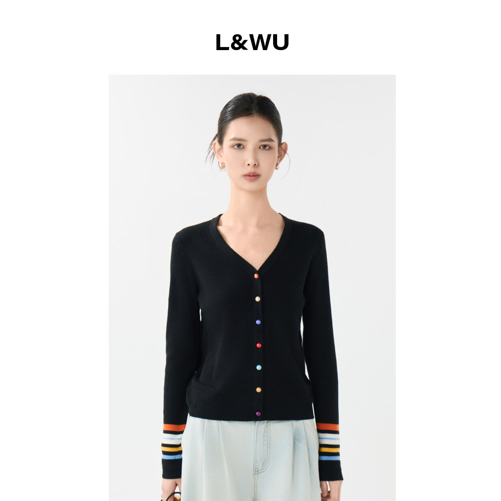 L&WU彩虹糖豆撞色条纹修身针织衫女装钩织妙趣复古时尚开衫上衣