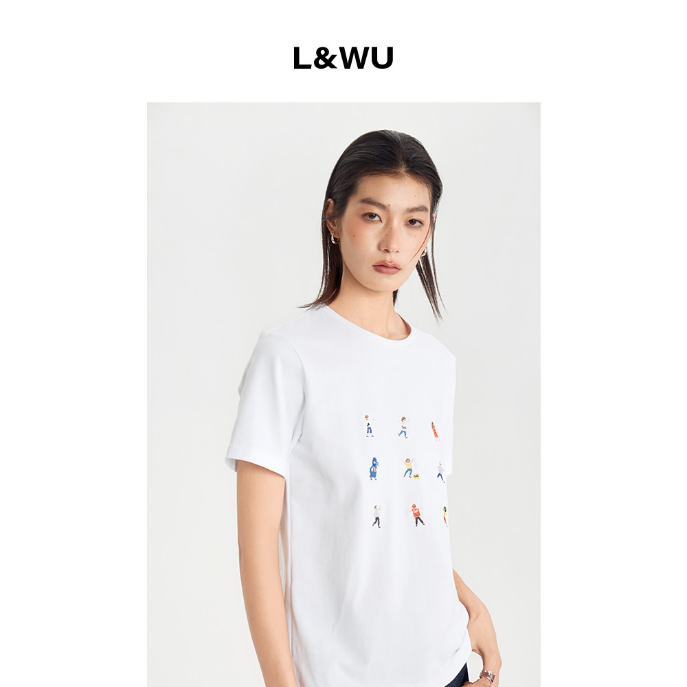 L&WU美式复古卡通个性趣味圆领短袖小人物印花设计感正肩修身T恤