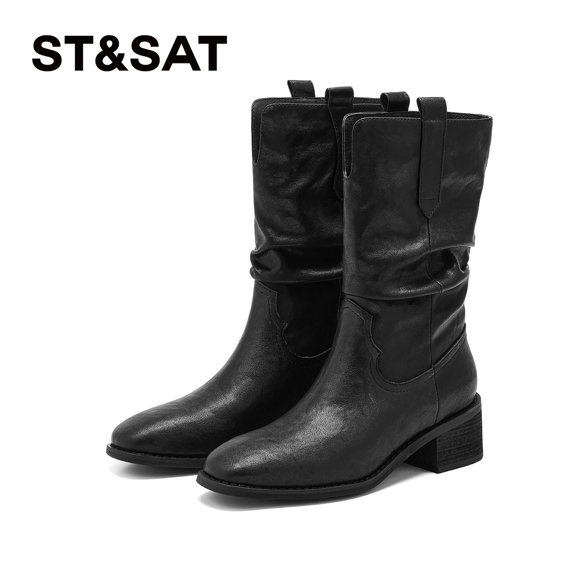 星期六尖头中筒冬季加绒保暖靴子