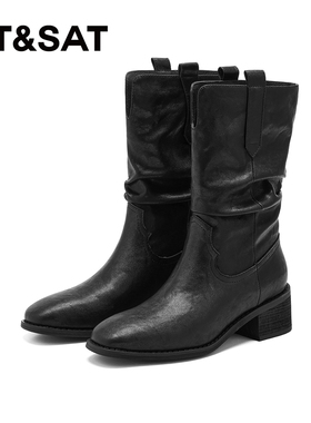 星期六尖头短靴女2025冬季爆款美拉德堆堆靴时尚棕色粗跟骑士靴子