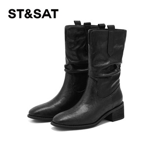 星期六尖头短靴女2025冬季爆款美拉德堆堆靴时尚棕色粗跟骑士靴子