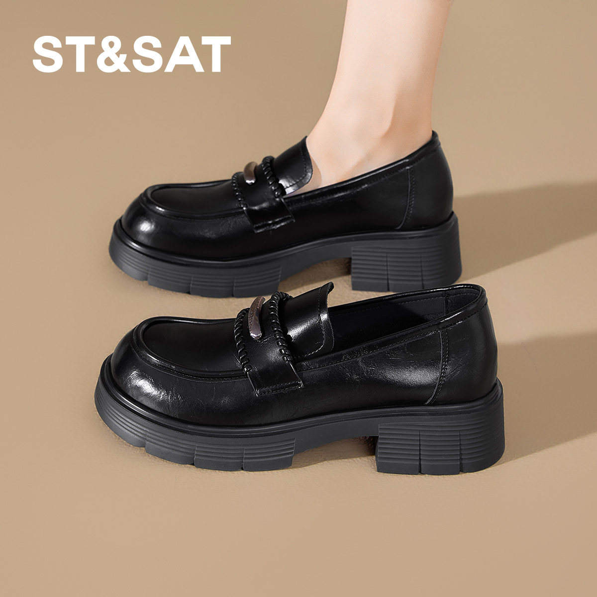 星期六厚底乐福鞋女2025新款一脚蹬豆豆单鞋子女士黑色英伦小皮鞋,女鞋,乐福鞋（豆豆鞋）,淘宝优惠券,粉丝福利购,淘宝优惠卷