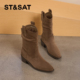 星期六西部堆堆靴女2025爆款 冬季 棕色复古尖头短靴百搭弹力瘦瘦靴