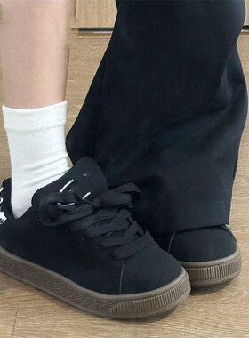 国潮小众黑灰豹纹厚底面包鞋女2026新款复古百搭学生情侣休闲板鞋