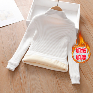 女童毛衣秋冬2023新款冬季大童半高领加绒黄色打底白色儿童针织衫