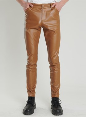 春秋青年男士皮裤弹力修身时尚防水绿色蓝色酒吧紧身植绒PU皮长裤