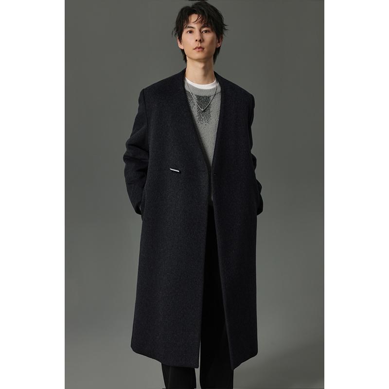w2x2024冬季新款无领围巾款加棉加厚羊毛呢大衣男中长款妮子外套