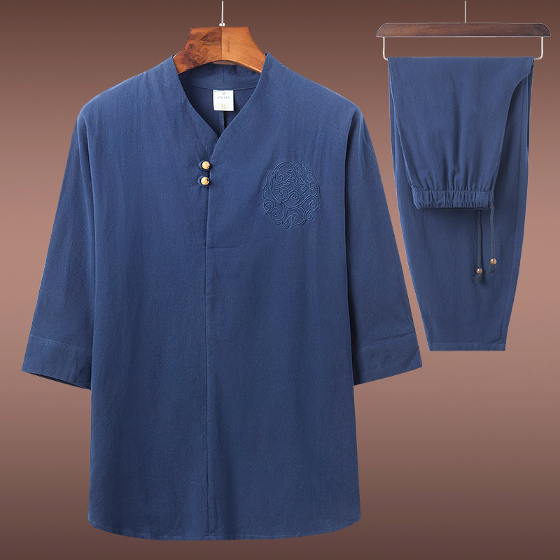 纯棉中国风男装短袖套装青年佛系中式禅意茶服禅修服居士服夏装