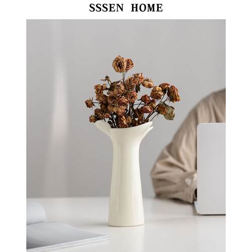 SSSEN HOME 简约白色陶瓷花瓶家居装饰摆件客厅桌面干燥花插花器