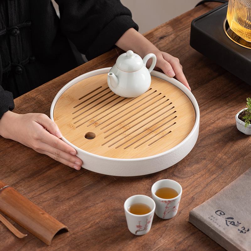 楠竹陶瓷干泡茶盘2023家用新款竹制小茶海简约圆形储水功夫茶台