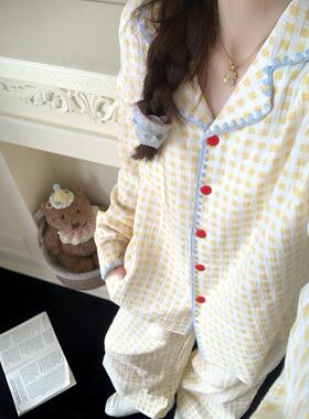 秋季新款大码黄色格子棉纱睡衣女2025可外穿家居服春秋双层纱套装