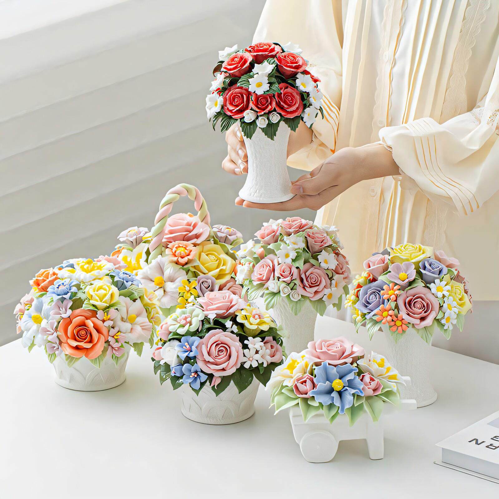 手工陶瓷玫瑰花篮家居装饰仿真花卉客厅摆放花艺饰品节日乔迁送礼