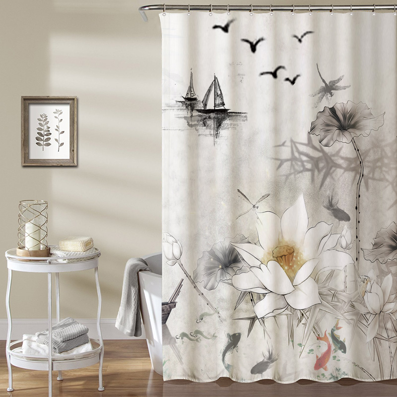 中国风浴帘加厚防霉卫生间磁性防水布民宿家用浴室帘免打孔中式