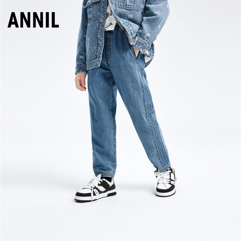 安奈儿童装男童牛仔裤2024春新款蓝色宽松时尚百搭高腰长裤子#