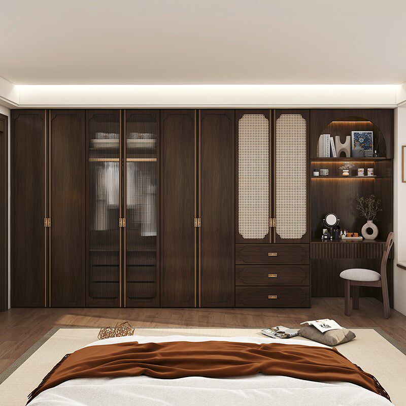 新中式实木大衣柜家用卧室玻璃门衣橱梳妆台书桌一体衣帽间组合柜