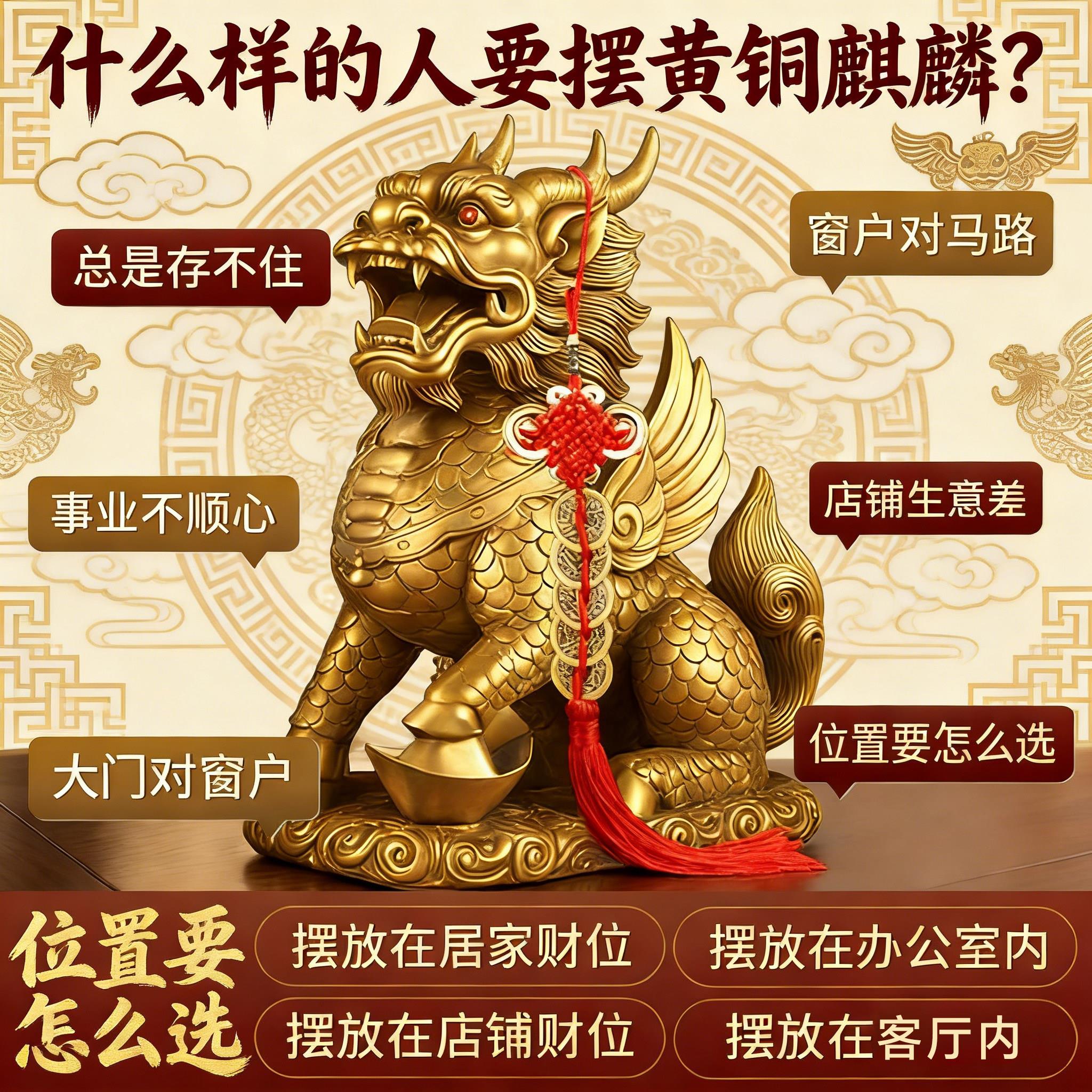 纯黄铜镇宅招财麒麟八卦办公室客厅乔迁装饰品铜麒麟摆件公母一对