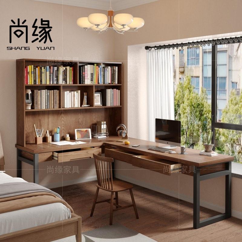 实木转角书桌书柜墙角家用拐角办公桌 卧室l型双人电脑桌书架一体