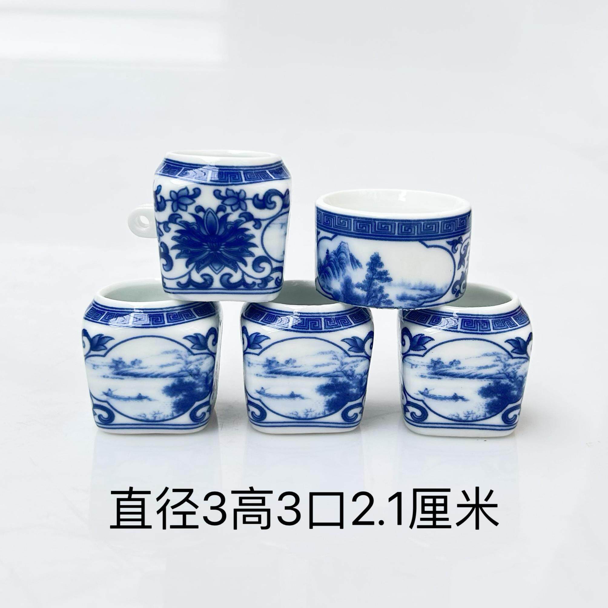 精品青花开窗山水瓷小鸟食罐绣眼鸟食杯鸟碗鸟缸五件套青花瓷食罐