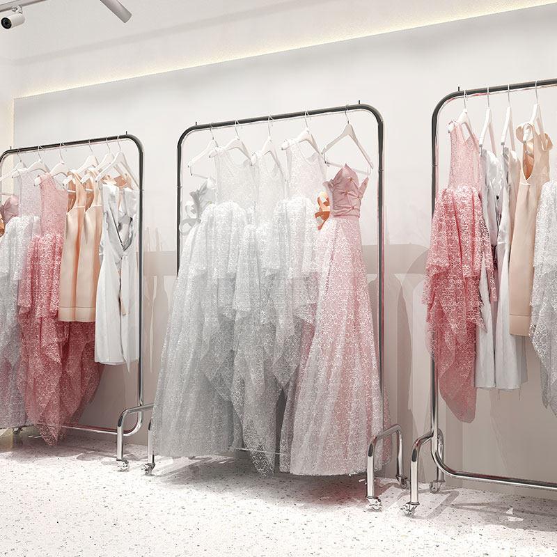 不锈钢拉丝银服装店衣服展示架挂衣杆落地式 婚纱礼服货架带轮子