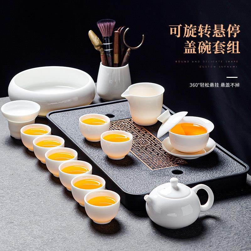 羊脂玉瓷悬停盖碗茶具套装家用办公室高端白瓷泡茶壶茶杯2026新款图片