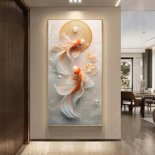 锦鲤好运临门玄关装饰画竖版高级感led灯画现代轻奢走廊过道挂画