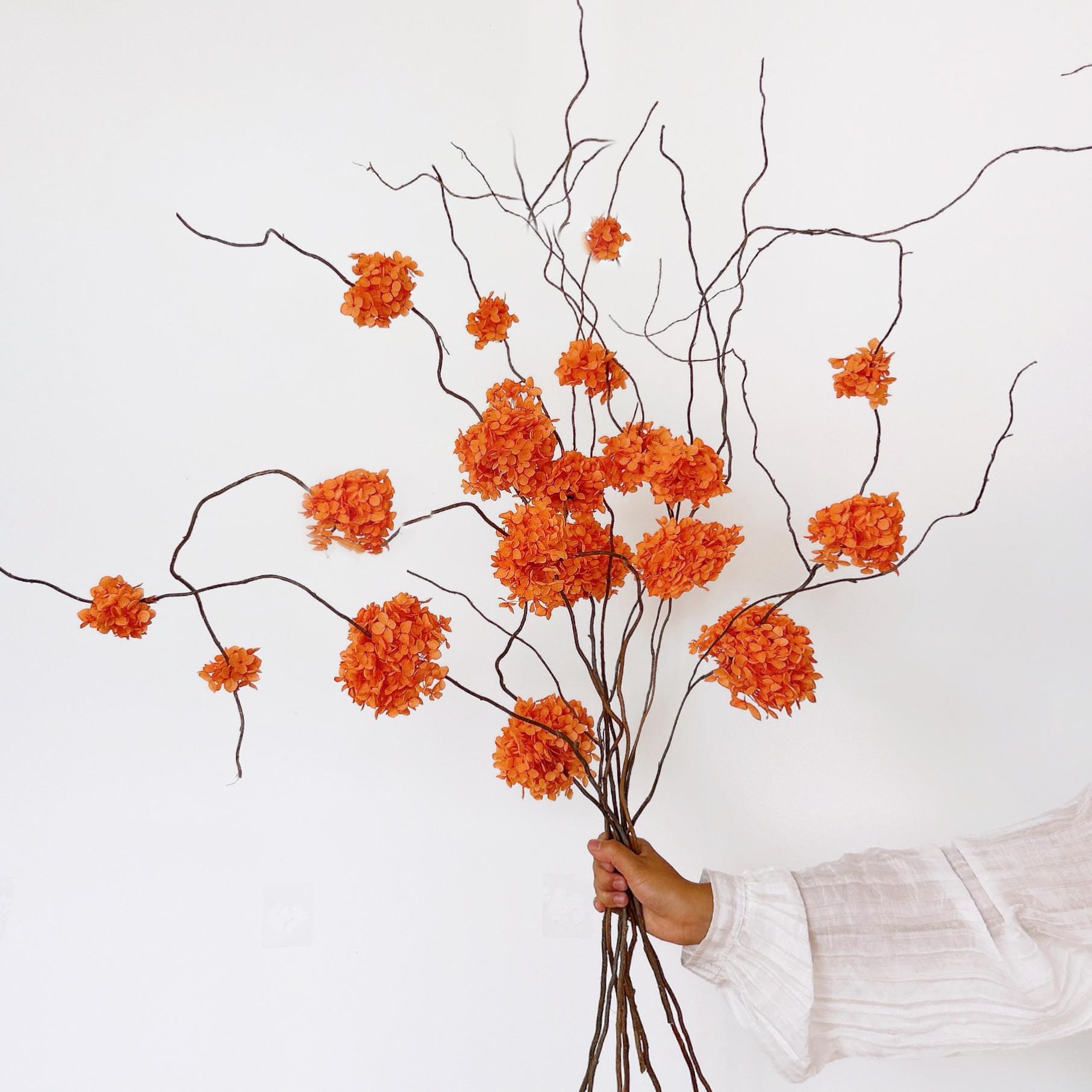 橙色潜粉色绣球真花干燥花永生花花束家居插花装饰摆饰龙柳枝意境