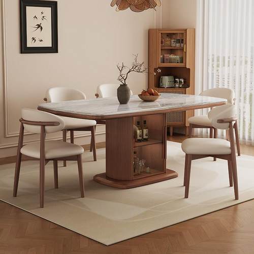 实木长方形高端大理石餐桌椅组合超晶石储物家用微晶石吃饭桌子