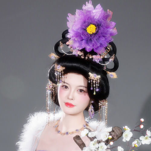 汉服唐风紫色大牡丹流苏步摇套装