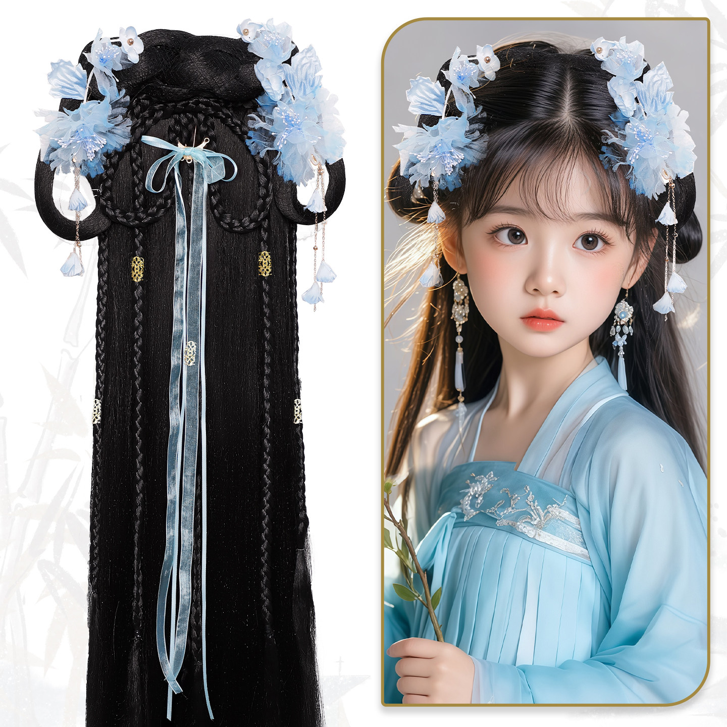 长披发发箍甜美绢花飘带古风假发头饰套装女童百搭日常配饰组合女,美发护发/假发,演出假发,淘宝优惠券,粉丝福利购,淘宝优惠卷