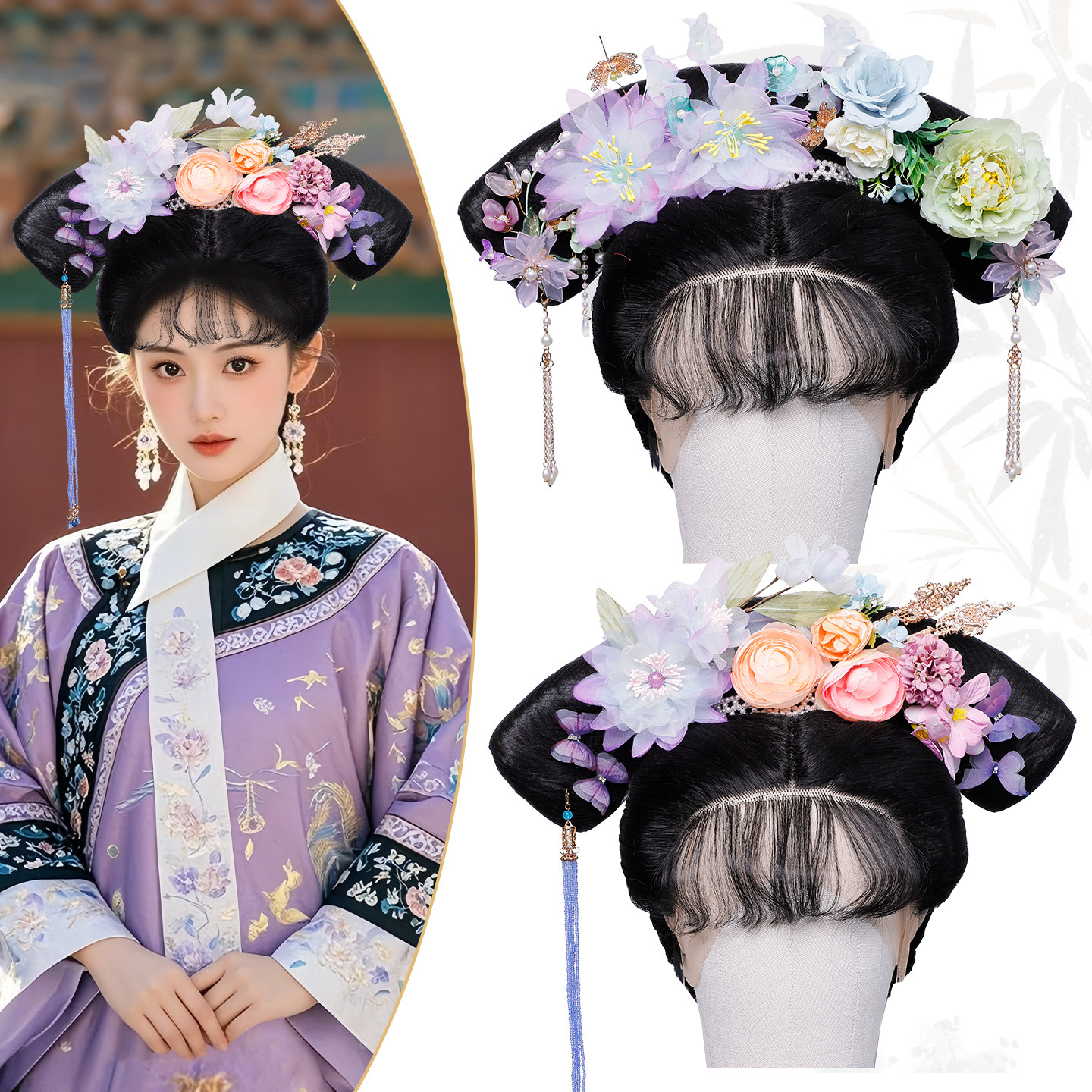 复古宫廷古代旗头假发后脑勺整顶头套带燕尾发髻头饰流苏绢花组合